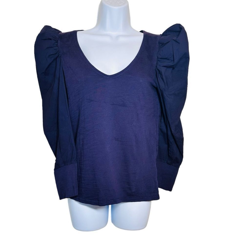 NATION LTD Puffy Long Sleeve V-Neck  Cotton Top Shoulder Pads Purple Size Small